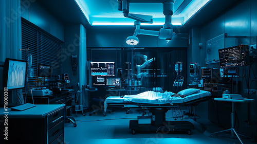 Um quarto de hospital estéril e levemente iluminado é preenchido pelo brilho azul frio dos monitores e equipamentos médicos avançados