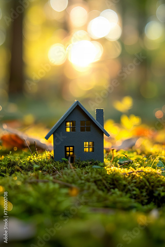 tiny miniature paper house on the grass and moss with blurred background