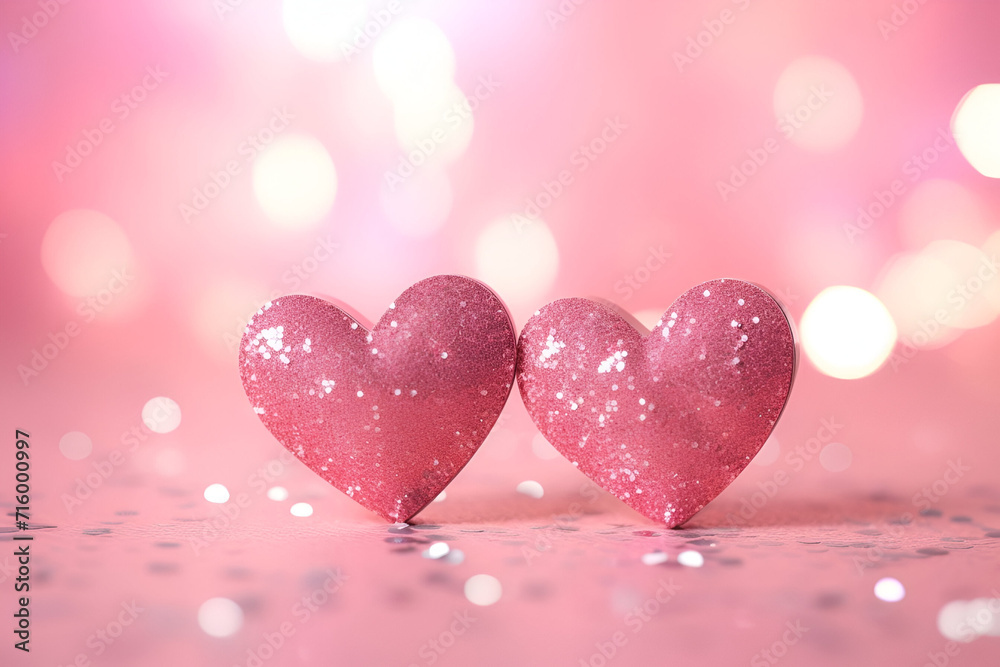 Valentine's day illustration, two glitter hearts, pink background