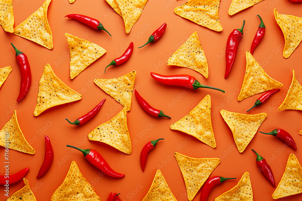 pattern of tortilla chips with chilly pepper . Top view on orange background