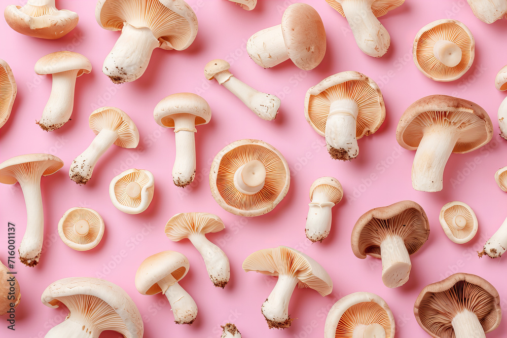 top view pattern s of mushrooms isolated on pastel background top view pattern s of mushrooms isolated on pastel background