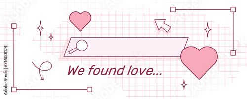 
Valentine's day banner with hearts. Retro computer interface aesthetics. Background with browser elements in y2k style in pink shades.