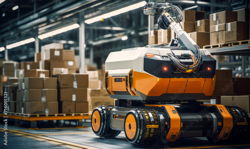 A cargo automated robot sorts cardboard boxes in a warehouse. Automated guided vehicle in warehouse logistics. Generative AI A cargo automated robot sorts cardboard boxes in a warehouse. Automated guided vehicle in warehouse logistics. Generative AI