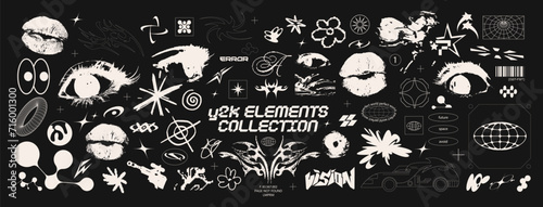 Cyberpunk grunge y2k shape design elements. futuristic collection of abstract graphic retro geometric symbols and objects in 2000 style. Templates for notes, posters, banners, stickers, business card