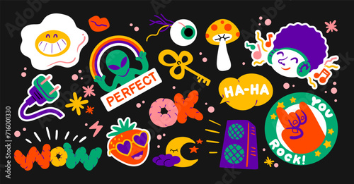 Cartoon retro groovy stickers  big set  funky doodle style of the 90s. Trendy patches  labels  characters  space  hippie objects. Vector set