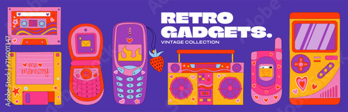 Cartoon retro gadgets in 90s style. Old electronics, mobile phones, record player, cassette, vinyl, devices. Set of stickers in doodle groovy old computer style