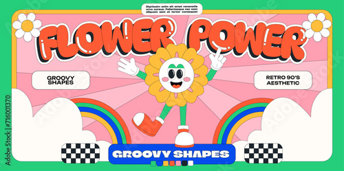 Cartoon poster characters flower. Groovy hippie flower power card with botanical elements. Trandy y2k funky style of the 90s. Vector banner