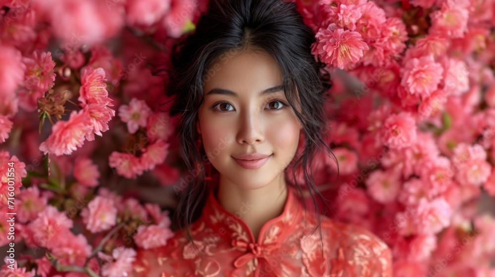 Chinese woman under a canopy of cherry blossoms