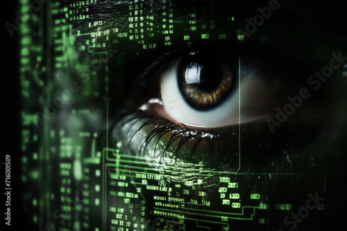 the human eye with a digital implant and holo on face, the concept of augmented reality and digital vision of the future, information processing, artificial intelligence