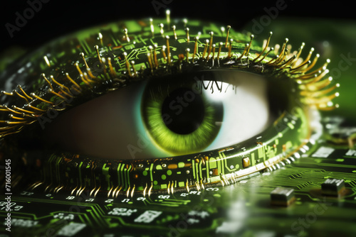 artificial eye closeup, augmented cyber reality and digital vision of the future and information processing photo