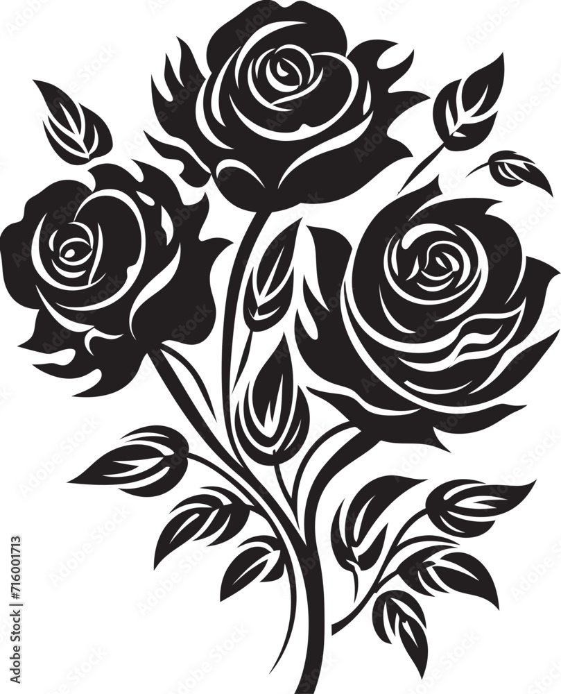 Noir Beauty Elegant Black Icon Design for Rose Bouquet in Vector Serenade in Shadows Vector Black Rose Bouquet Emblem