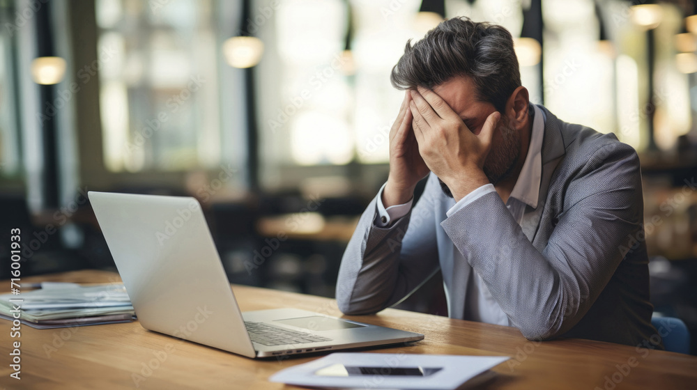 Businessman sitting stressed at the table from work. Generative AI Businessman sitting stressed at the table from work. Generative AI
