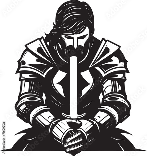 Tearful Templar Vector Black Icon Design for Sad Knight Soldier Logo Dolorous Defender Elegant Black Design for Vector Sad Knight Soldier