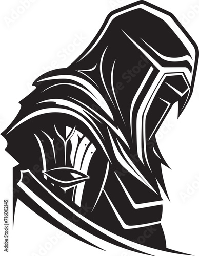 Fotografi Wistful Warrior Iconic Sad Knight Soldier Logo in Black Vector Regretful Sorrow
