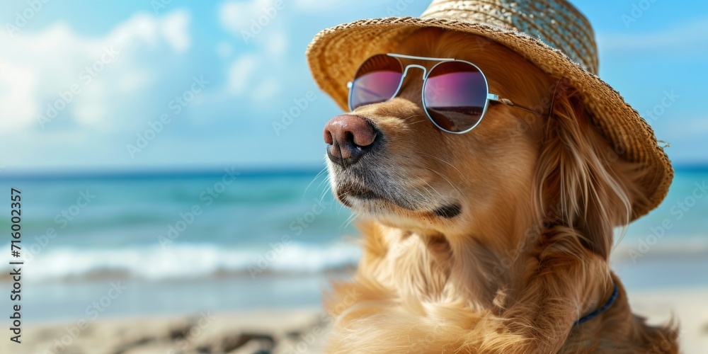 dog with sunglasses and straw hat on the beach Generative AI - obrazy, fototapety, plakaty 