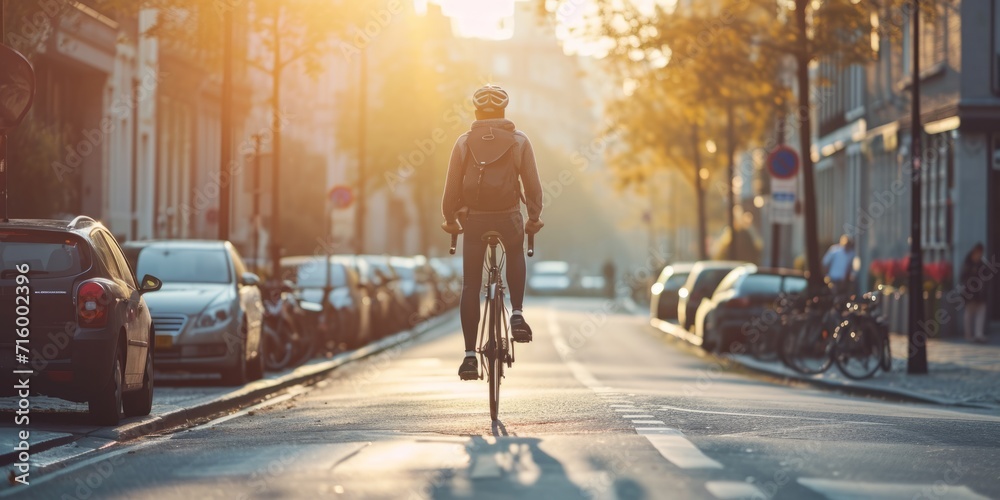 Obraz premium cyclist rides through the city Generative AI