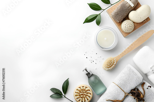 Bath accessories. Flat lay composition with personal care products on white background, space for text 