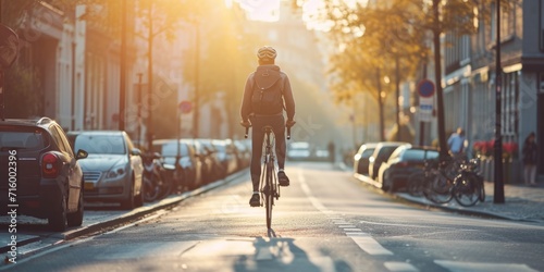 Fotobehang cyclist rides through the city Generative AI