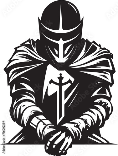 Fototapeta Naklejka Na Ścianę i Meble -  Sombre Sentinel Vector Black Icon Design for Sad Knight Soldier Logo Weeping Warrior Iconic Sad Knight Soldier Logo in Black Vector