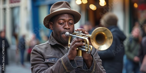 African American trumpeter plays on the street Generative AI photo