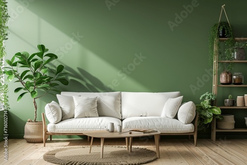 Wall mockup in modern living room design, minimal white sofa and wooden coffee table on green interior background, 3d render photo