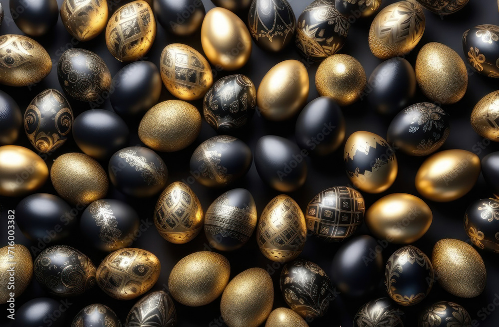 Top-down composition of intricately decorated black gold Easter eggs. Top-down composition of intricately decorated black gold Easter eggs.