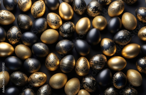 Top-down composition of intricately decorated black gold Easter eggs.