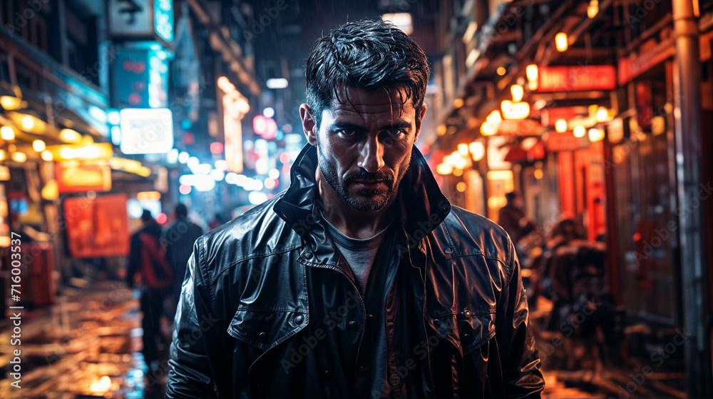 Tough guy in jacket walking down a busy street at night