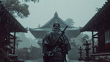 Lone Ronin Approaches His Objective  on a Rainy Day in Feudal Japan in Cinematic Setting
