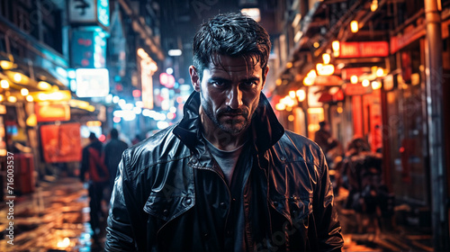 Tough guy in jacket walking down a busy street at night © Rajko