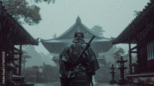 Lone Ronin Approaches His Objective on a Rainy Day in Feudal Japan in Cinematic Setting