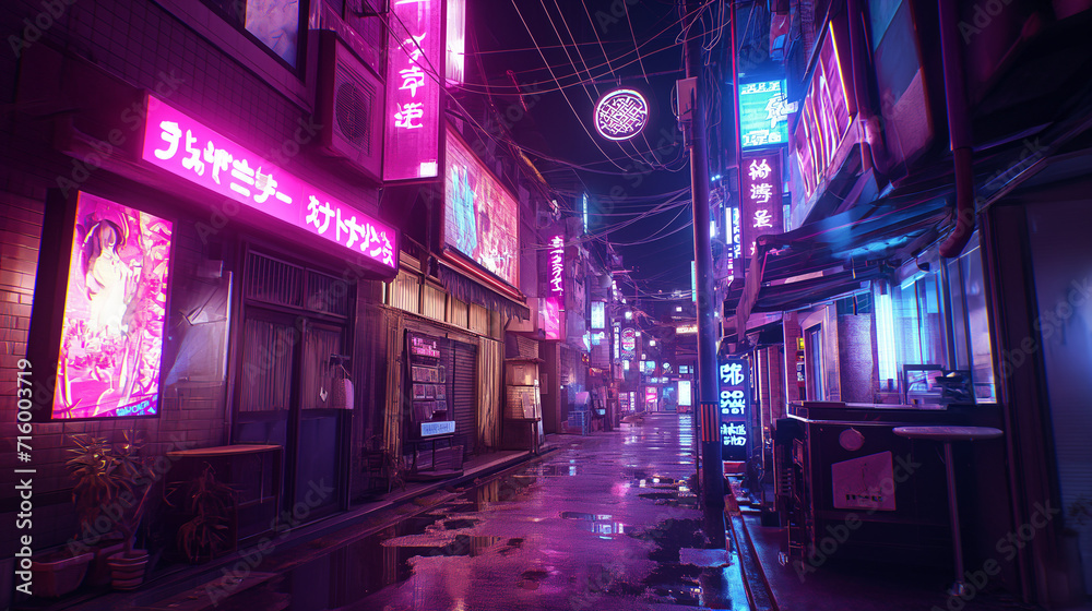 Street View of a City Street full of Neon Signs and Lighting in Asia Concept
