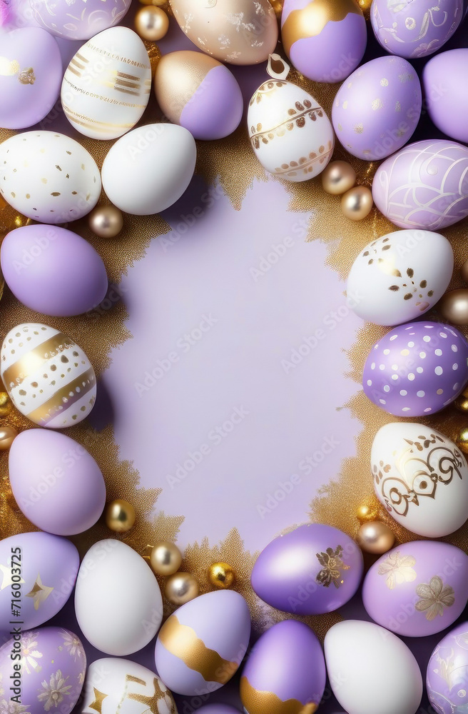 Top-down flatlay of beautifully ornamented Easter eggs in purple gold colors for your festive designs,copy space.