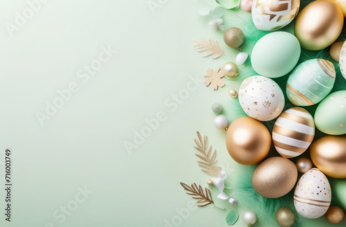 Top-down flatlay of beautifully ornamented Easter eggs ibn green gold colors, offering ample copy space for your festive designs.