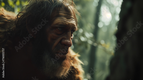 Primitive Humans or Neanderthals Explore the Forest
