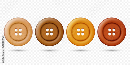 Vector 3d Realistic Wooden Button for Clothes Icon Set Closeup Isolated. Fashion, Art, Needlework, Sewing, Scrapbooking Decor. Round Clothes Button Design Template, Front View