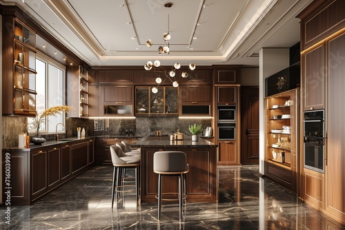 Residential interior of modern kitchen in luxury mansion, 3d rendering © Alizeh