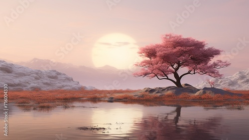 Painting of a pink planet with a moon and mountains in the sky with a red tree in the middle, AI Generative Pro Photo © Utpal