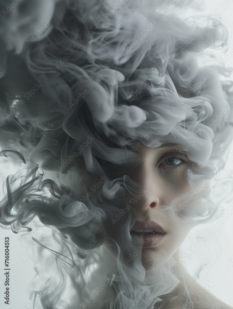 Woman's face partially obscuring by flowing smoke