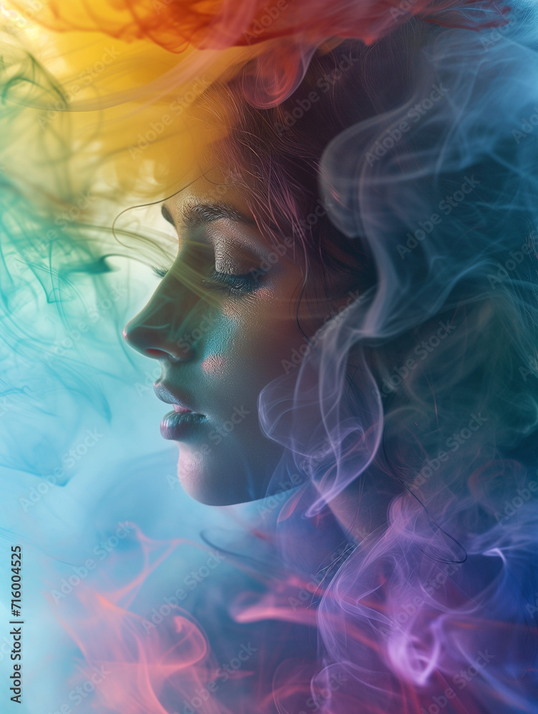 Woman's face partially obscured by colorful flowing smoke