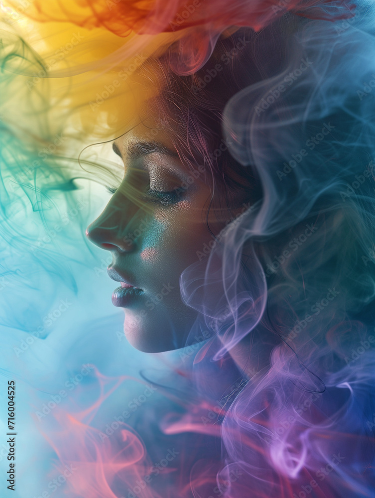 Woman's face partially obscured by colorful flowing smoke Woman's face partially obscured by colorful flowing smoke