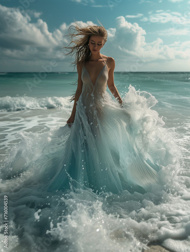 Beautiful Woman Standing in the ocean as the ocean waves seem to create her dress Concept