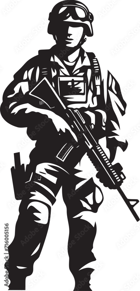 Armed Precision Black Iconic Soldier with Gun Emblem in Vector Battle Ready Defender Elegant Vector Soldier Holding Gun Logo Armed Precision Black Iconic Soldier with Gun Emblem in Vector Battle Ready Defender Elegant Vector Soldier Holding Gun Logo