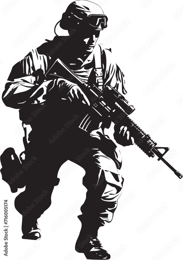Fototapeta premium Battlefield Precision Vector Black Icon Design for Soldier with Gun Commando Guardian Elegant Vector Soldier with Gun Logo