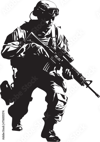 Battlefield Precision Vector Black Icon Design for Soldier with Gun Commando Guardian Elegant Vector Soldier with Gun Logo