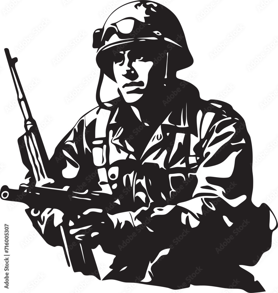 Fototapeta premium Combat Precision Vector Black Iconic Soldier with Gun Logo Tactical Guardian Elegant Soldier with Gun Emblem in Vector Black
