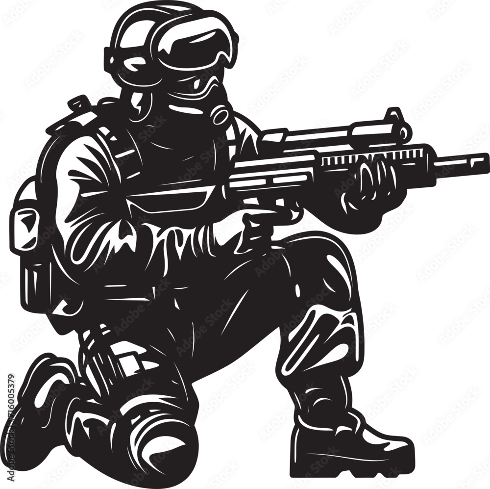 Battlefield Vigilance Vector Black Icon Design for Gun Wielding Soldier Tactical Protector Black Iconic Soldier with Gun Emblem in Vector Battlefield Vigilance Vector Black Icon Design for Gun Wielding Soldier Tactical Protector Black Iconic Soldier with Gun Emblem in Vector