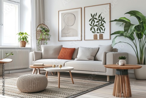Modern Scandinavian home interior design characterized by an elegant living room featuring a comfortable sofa  mid century furniture  cozy carpet  wooden floor  white walls  and home plants