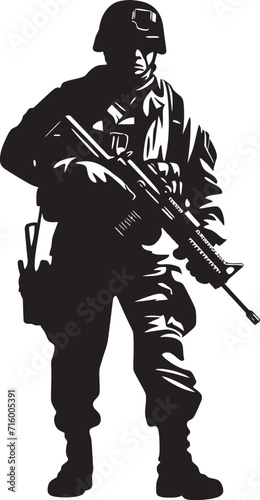 Tactical Defender Elegant Soldier Holding Gun in Vector Black Icon Strategic Vigilance Vector Black Soldier with Gun Emblem Design © BABBAN