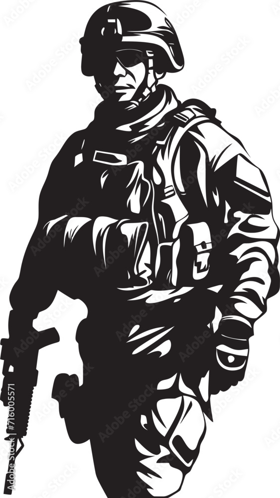 Battle Ready Guardian Black Iconic Soldier Holding Gun in Vector Commando Vigilance Vector Black Icon Design for Soldier with Gun
